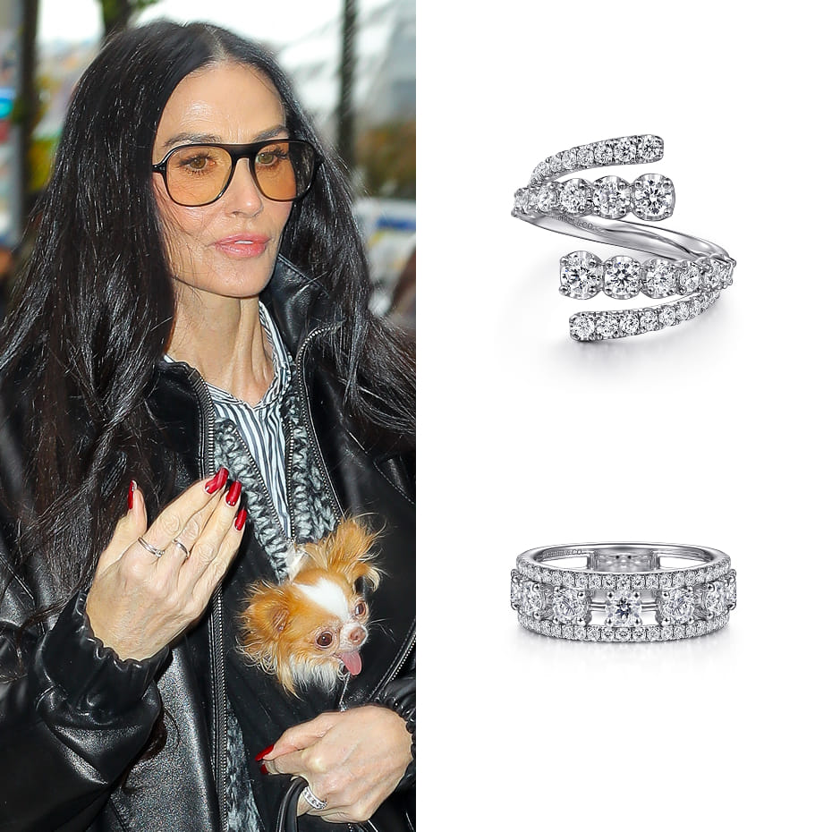 Demi Moore had a press day for Landman, wearing Gabriel & Co. diamond wide band and diamond bypass rings, both in 14K white gold.