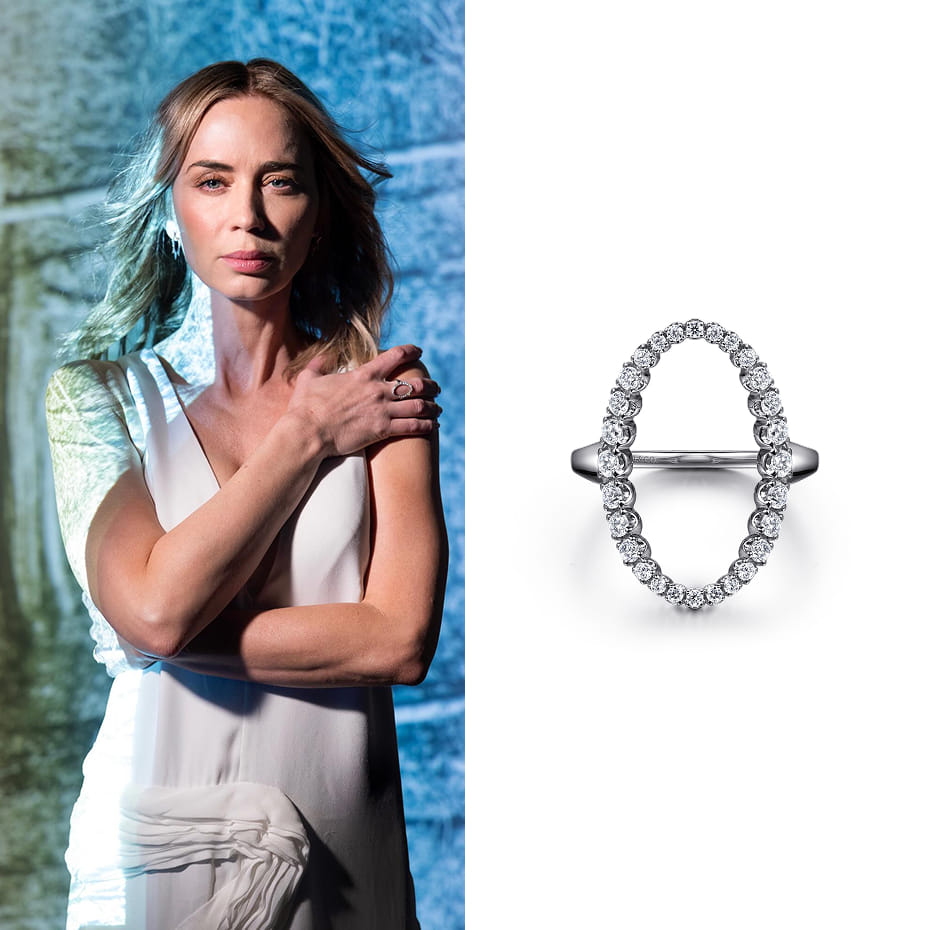 Emily Blunt was featured on NYTimes.com in the story, “Emily Blunt on Disclosure Day and Feeling Flappable Around Spielberg,” wearing a Gabriel & Co. diamond statement fashion ring in white gold.