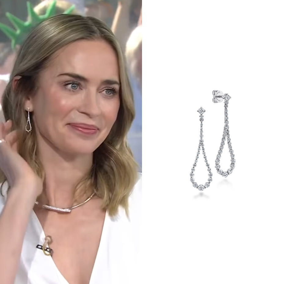 Emily Blunt appeared on the Today show to promote Disclosure Day, wearing Gabriel & Co. diamond stud drop earrings in white gold.