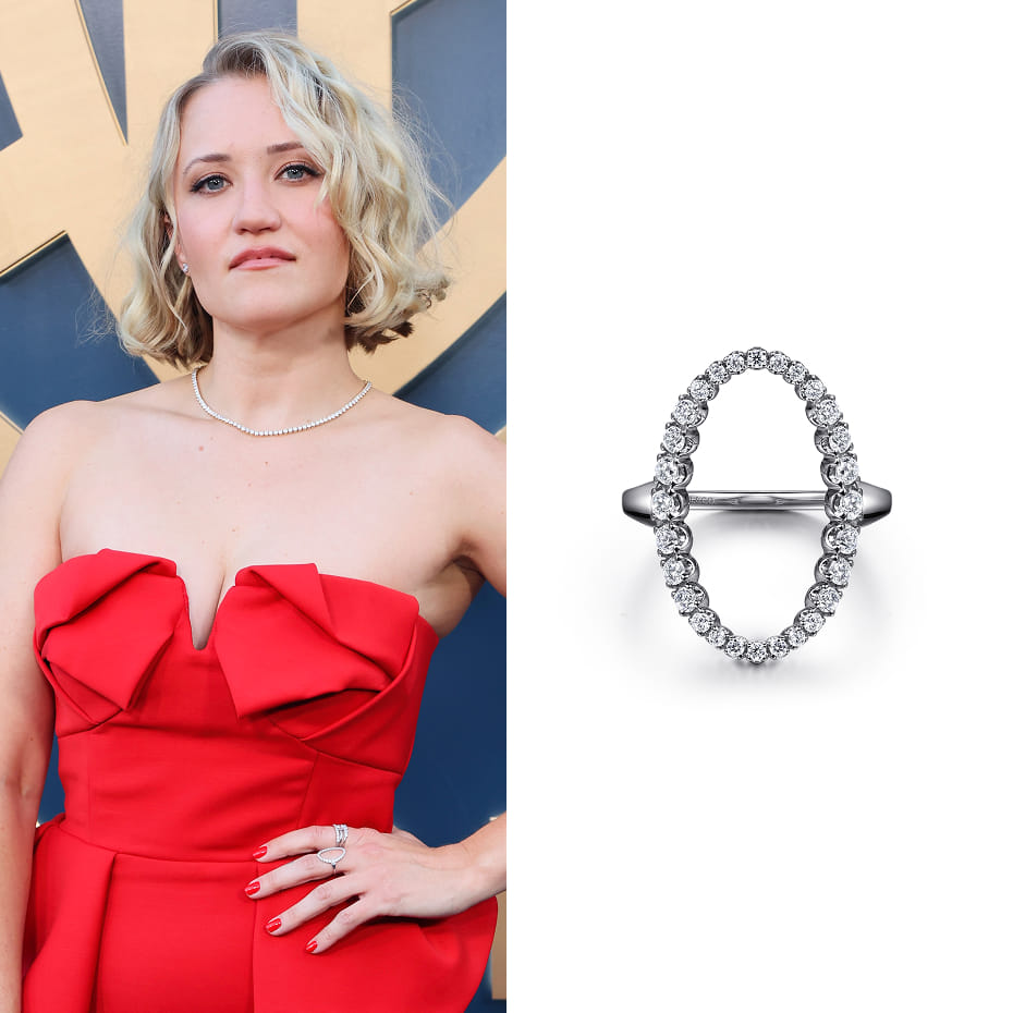 Actress Emily Osment attended the 77th Primetime Emmy Awards wearing a Gabriel & Co. ring.