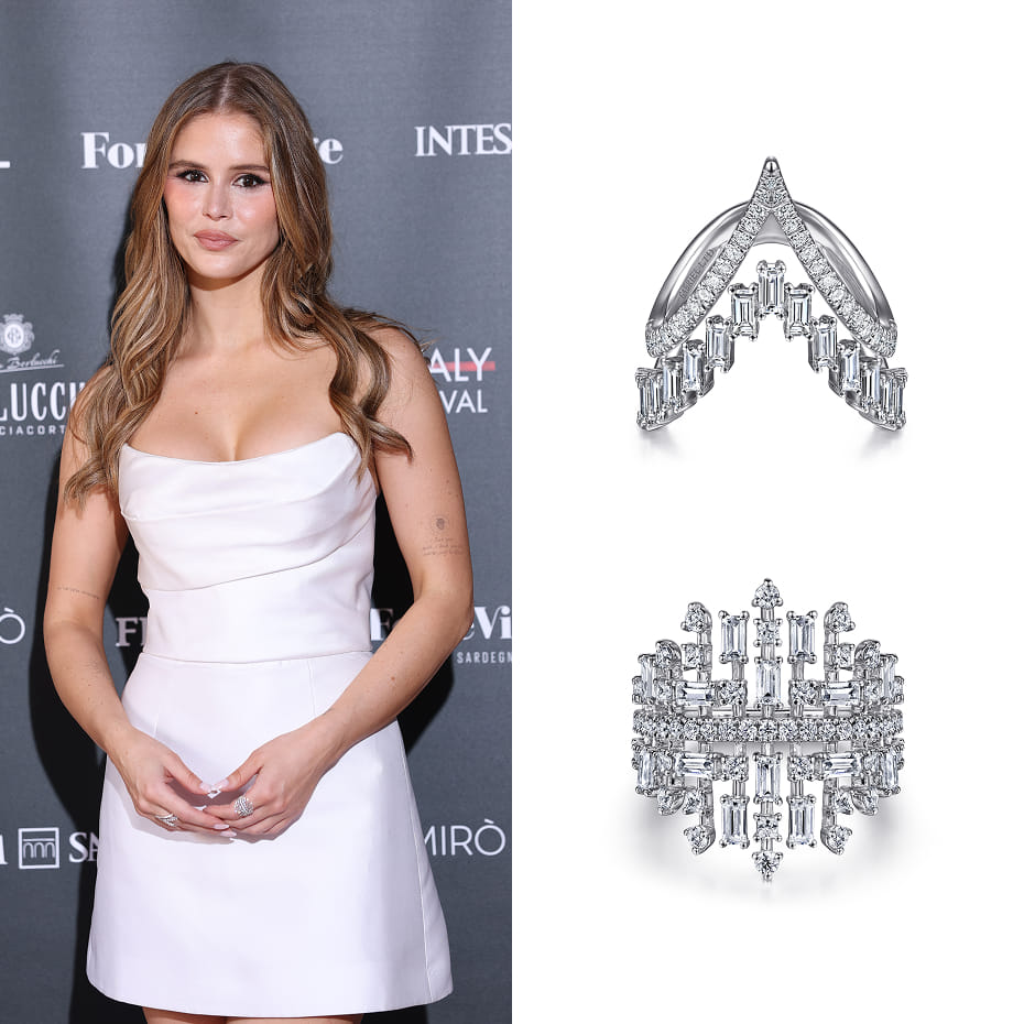 Erin Moriarty attended the Filming Italy 2026 press conference, wearing Gabriel & Co. diamond statement rings in white gold.