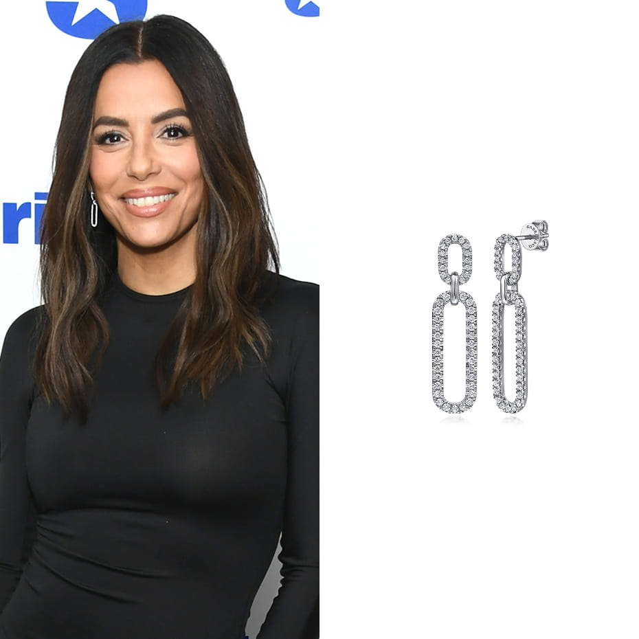 Eva Longoria had a press day for Eva Longoria: Searching For France, wearing a Gabriel & Co. 14K White Gold Diamond Link Chain Drop Earrings.