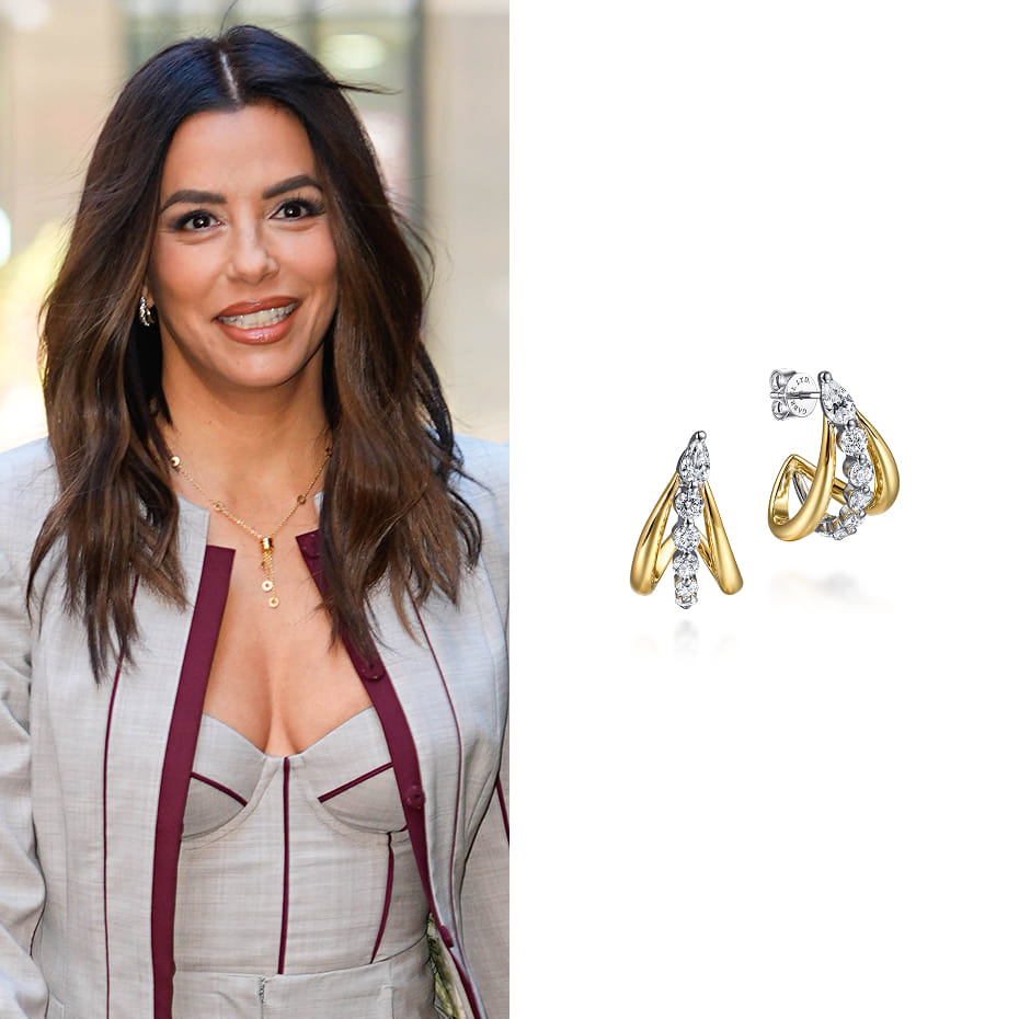 Eva Longoria had a press day for Eva Longoria: Searching For France, wearing Gabriel & Co. graduating diamond J hoop stud earrings in 18K White and Yellow Gold.