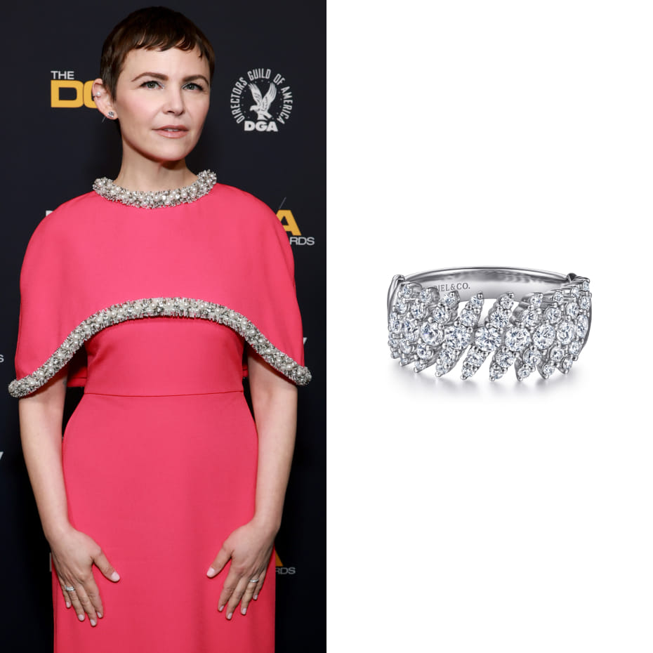 Actress Ginnifer Goodwin attended the 78th Annual Directors Guild of America Awards in Los Angeles wearing a Gabriel & Co. diamond statement ring in 14K White Gold.