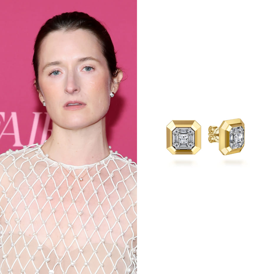 Actress Grace Gummer attended the Los Angeles series premiere of Hulu’s *All’s Fair* wearing Gabriel & Co. diamond stud earrings in 14K Yellow Gold.