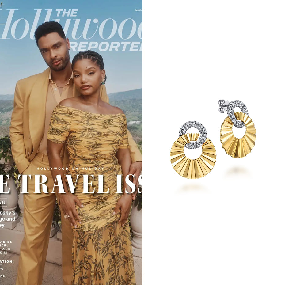Halle Bailey was featured in The Hollywood Reporter’s “The Travel Issue” cover story, “For ‘You, Me & Tuscany,’ the Location Did Half the Work,” wearing Gabriel & Co. diamond cut double round disk stud earrings in mixed gold.