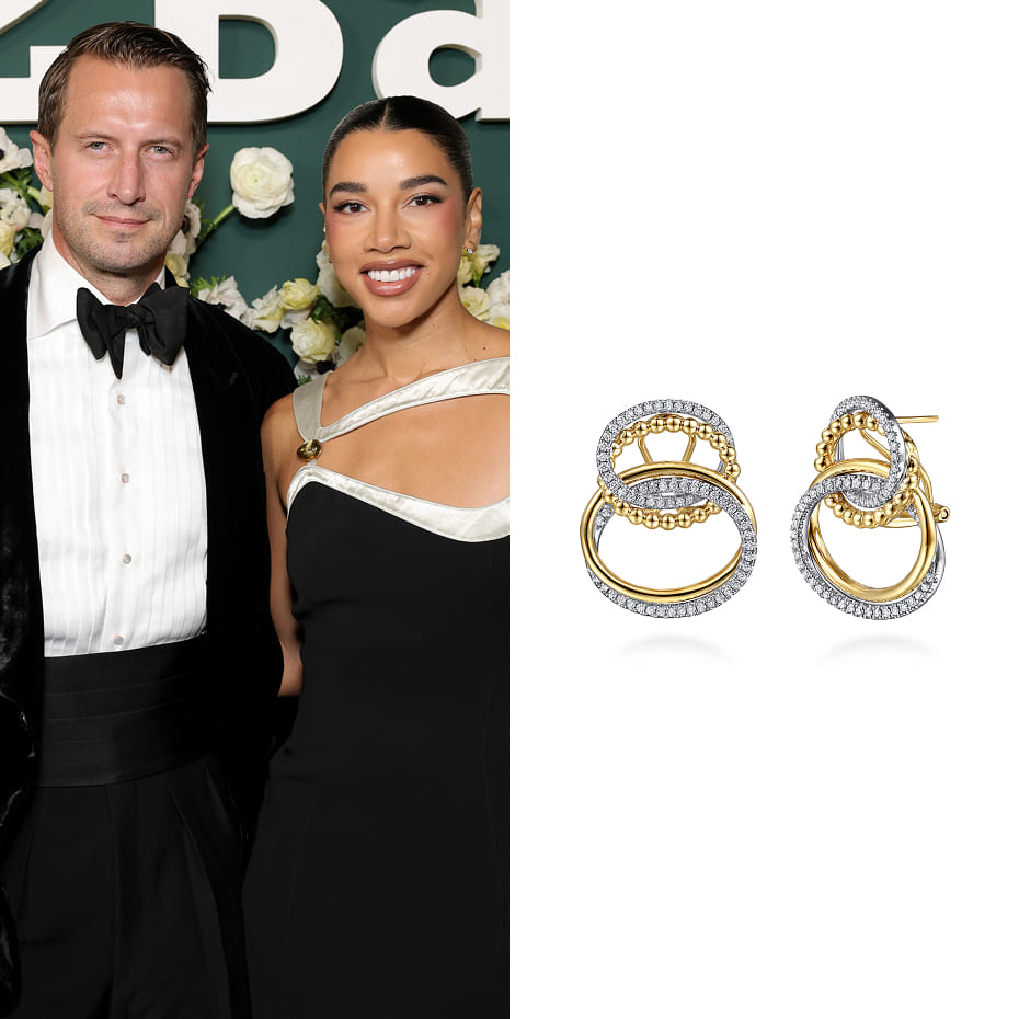 Hannah Bronfman attended the 2025 Baby2Baby Gala wearing Gabriel & Co. Bujukan Punk diamond stud earrings in 14K white and yellow gold.