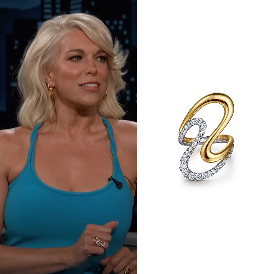 Actress Hannah Waddingham appeared on Jimmy Kimmel Live on July 14th to promote Smurfs, wearing the Gabriel & Co. 14K White and Yellow Gold Graduating Diamond Twisted Ring.