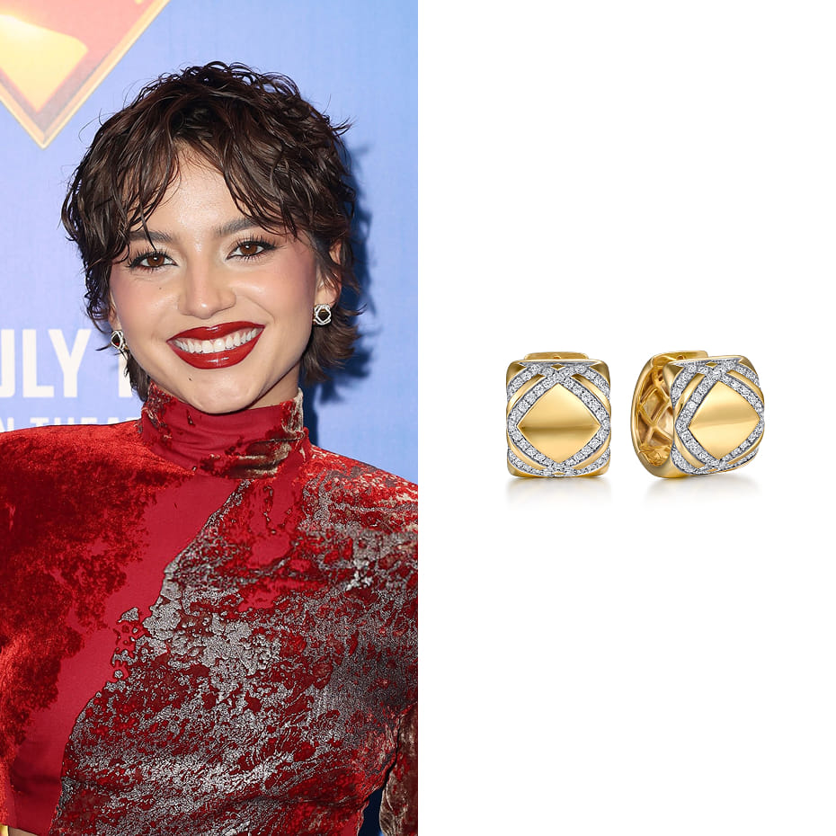 Actress Isabela Merced attended a Superman press event in Miami, wearing Gabriel & Co. 18K Yellow Gold Diamond Huggie Earrings.