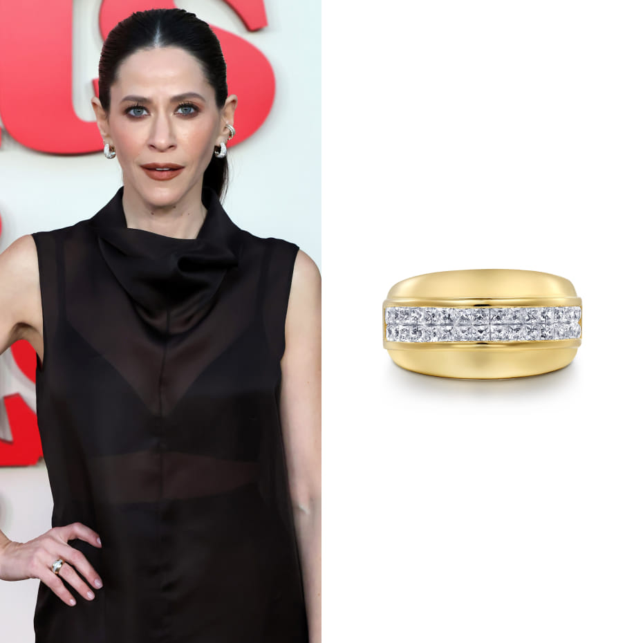 Actress Jackie Tohn attended Netflix’s Nobody Wants This Season 2 premiere in Los Angeles wearing a Gabriel & Co. diamond wide band ring in 14K Yellow Gold.