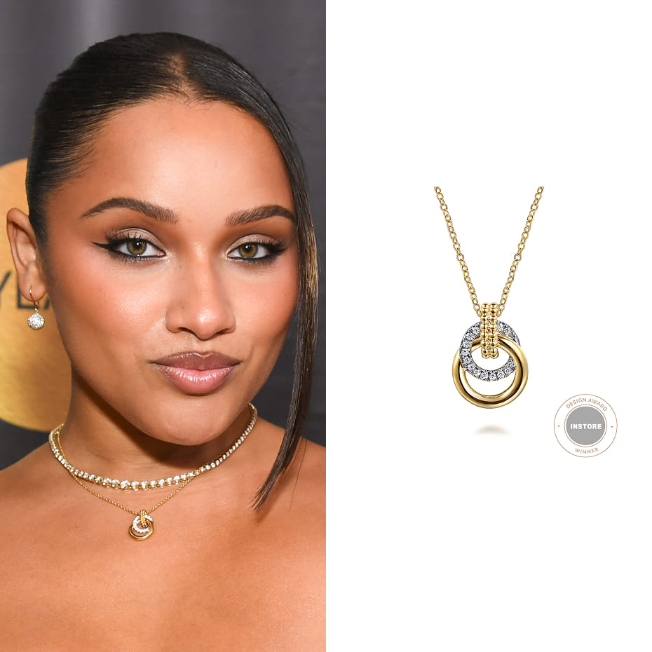 Actress Jaylen Barron attended the Imagen Awards wearing a Gabriel & Co. 14K White and Yellow Gold Bujukan Diamond Pendant Necklace.