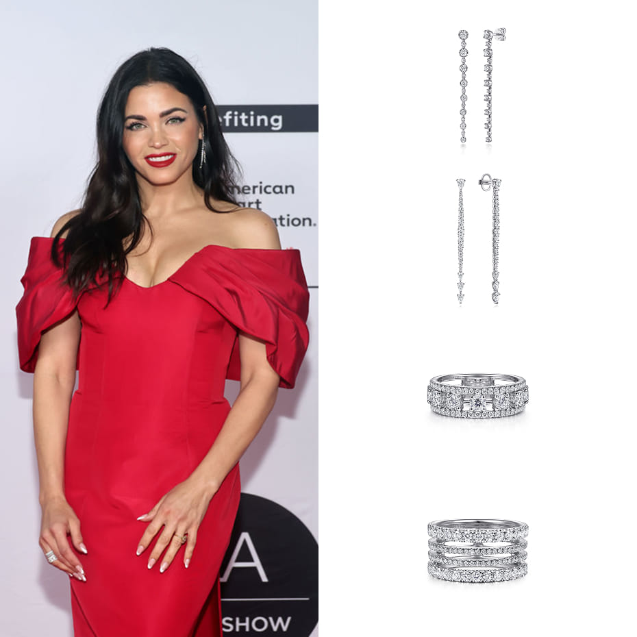 Actress, Jenna Dewan, wearing Gabriel & Co. earrings and rings while hosting at the 2025 LA Art Show opening night premiere party