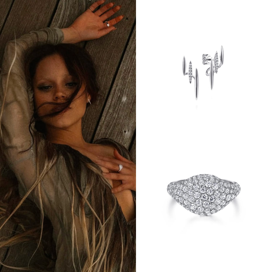 Actress Jenna Ortega had a press day for Wednesday Season 2 wearing Gabriel & Co. diamond earrings and a signet ring in 14K White Gold.