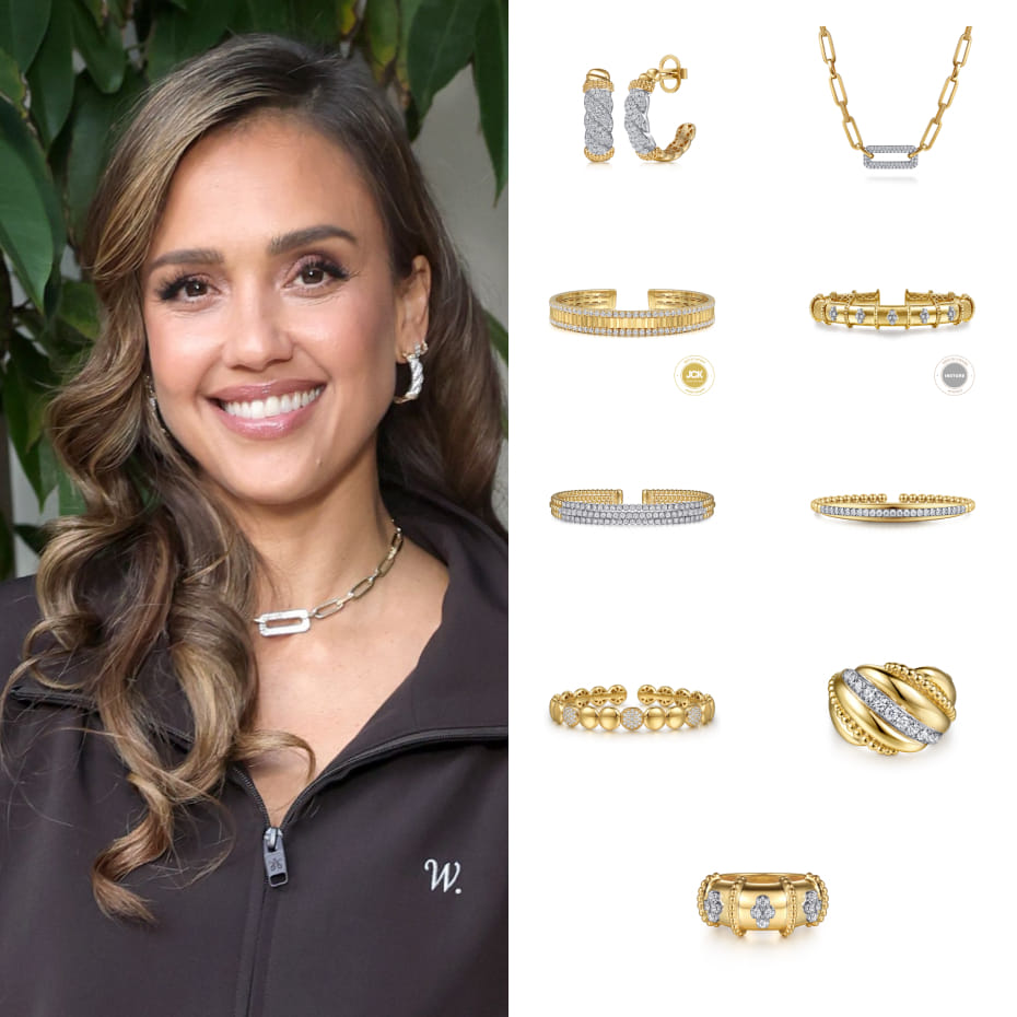 Jessica Alba attended the Culture Makers Event, wearing Gabriel & Co. Bujukan hoop earrings, a link necklace, stacked bangles, and statement rings in mixed and yellow gold.