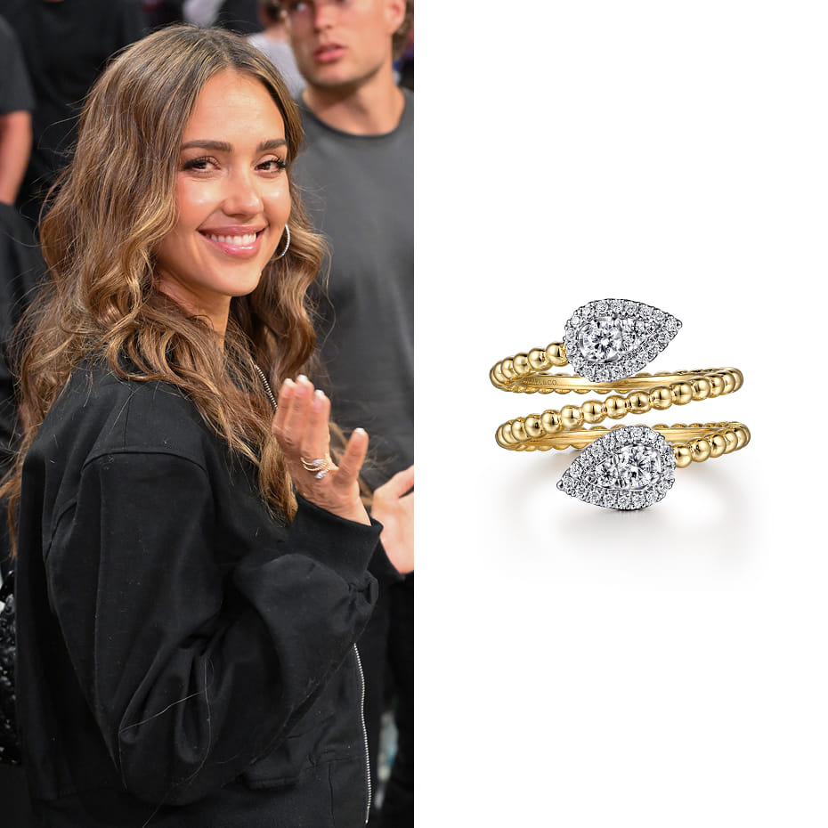 Jessica Alba at the Lakers game last night, wearing our 14K White Yellow Gold Diamond Wrap Ring-Bujukan 