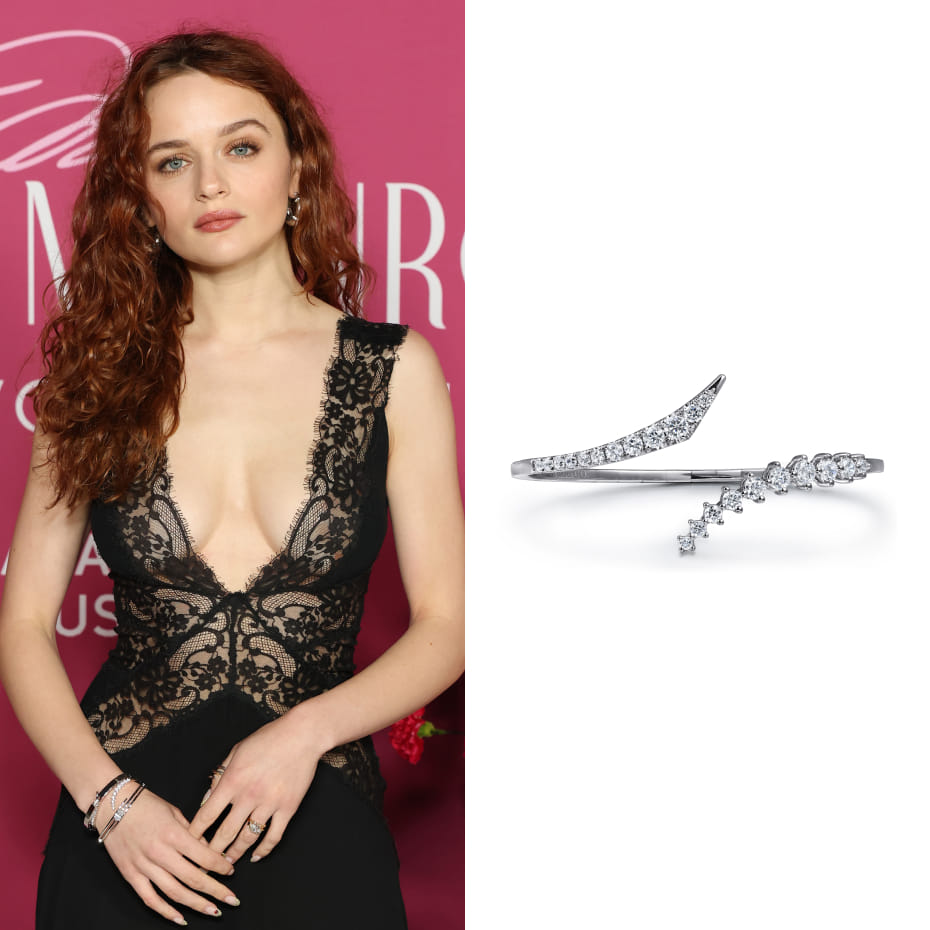 Joey King attended The Academy Museum’s opening reception for Marilyn Monroe: Hollywood Icon at the Academy Museum of Motion Pictures in Los Angeles, wearing a Gabriel & Co. graduating diamond bypass bangle bracelet in white gold.