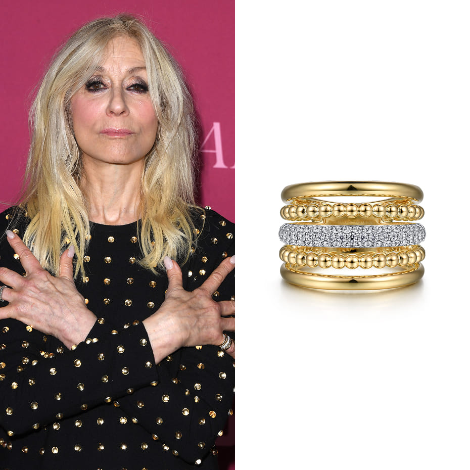 Actress Judith Light attended the world premiere of Hulu’s All’s Fair in Los Angeles wearing a Gabriel & Co. Bujukan diamond stackable ring in 14K Yellow Gold.