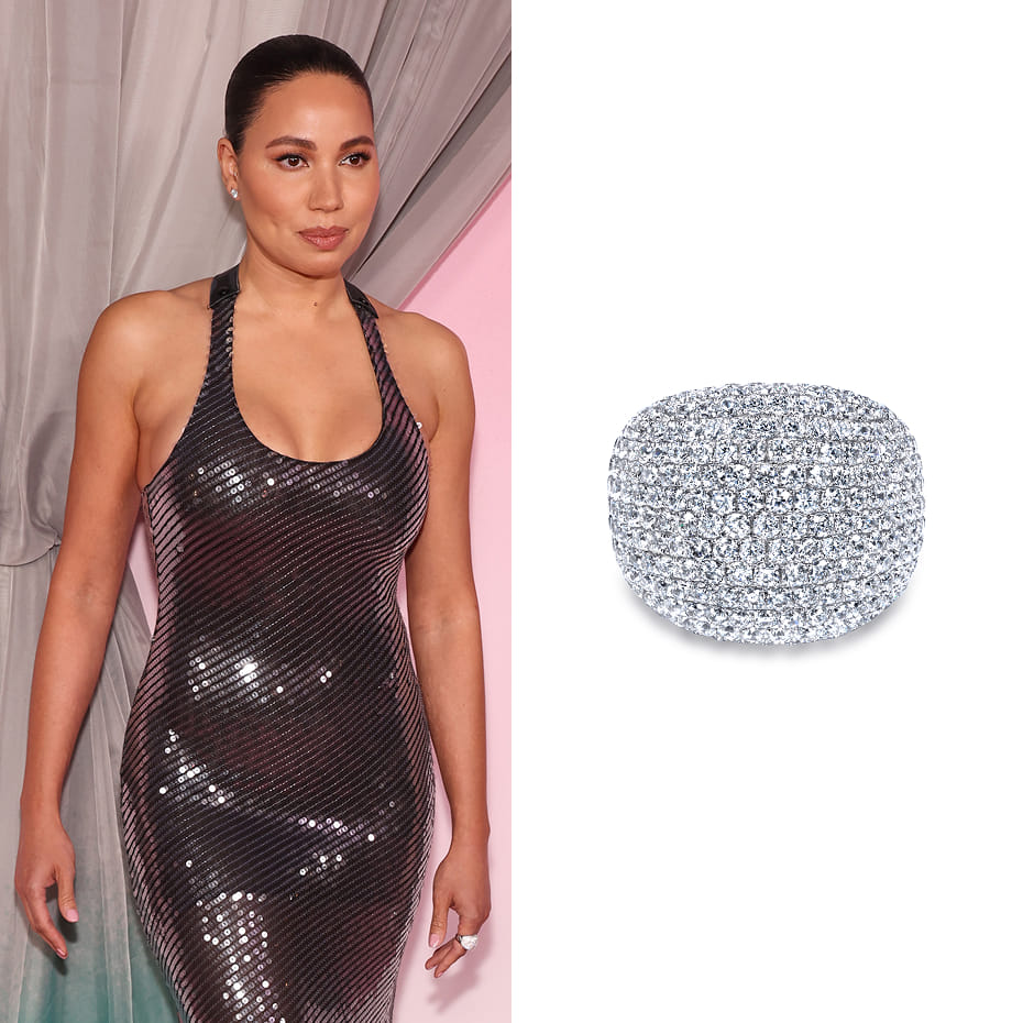 Jurnee Smollett attended the Fashion Trust U.S. Awards, wearing a Gabriel & Co. diamond pavé domed ring in 18K White Gold.