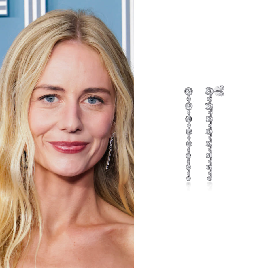 Justine Lupe attended the 2026 Las Culturistas Culture Awards, wearing Gabriel & Co. diamond bar earrings in white gold.