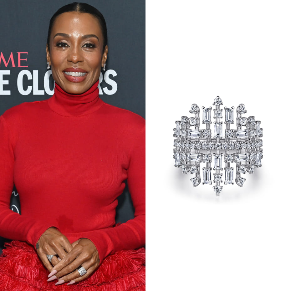Actress Karen Pittman attended TIME 2026 The Closers, wearing a Gabriel & Co. diamond cage ring in 14K White Gold.