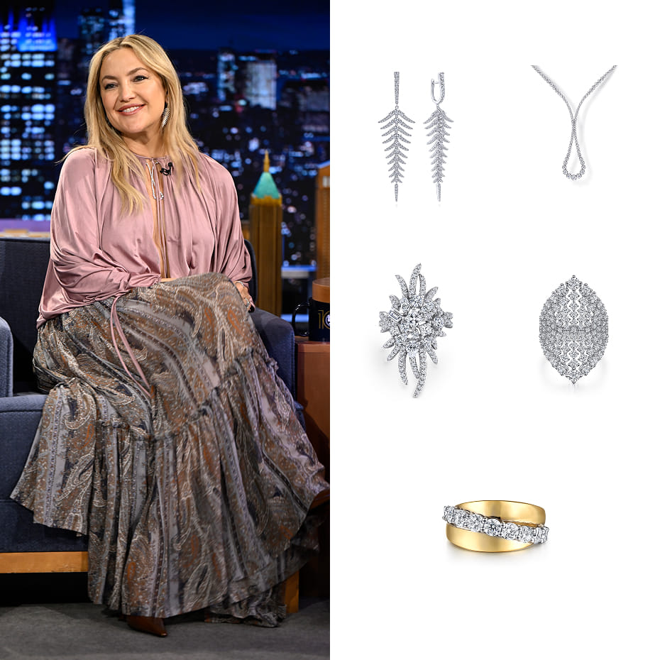 Actress, Kate Hudson, wearing Gabriel & Co. earrings, rings, and necklace to her appearance on 