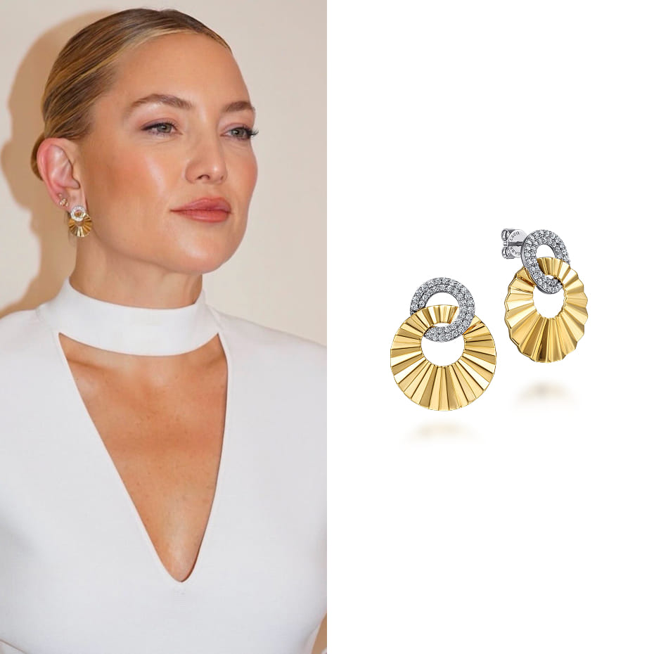 Kate Hudson had a press day in France for Song Sung Blue, wearing Gabriel & Co.’s 14K White and Yellow Gold Diamond-Cut Double Round Disc Stud Earrings.