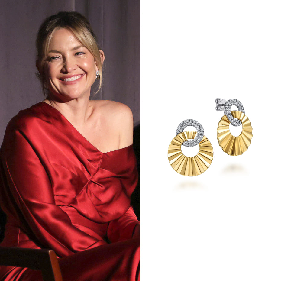 Kate Hudson attended a special screening of Song Sung Blue hosted by Reba McEntire in LA, wearing Gabriel & Co. diamond-cut double round disc stud earrings in 14K white and yellow gold.