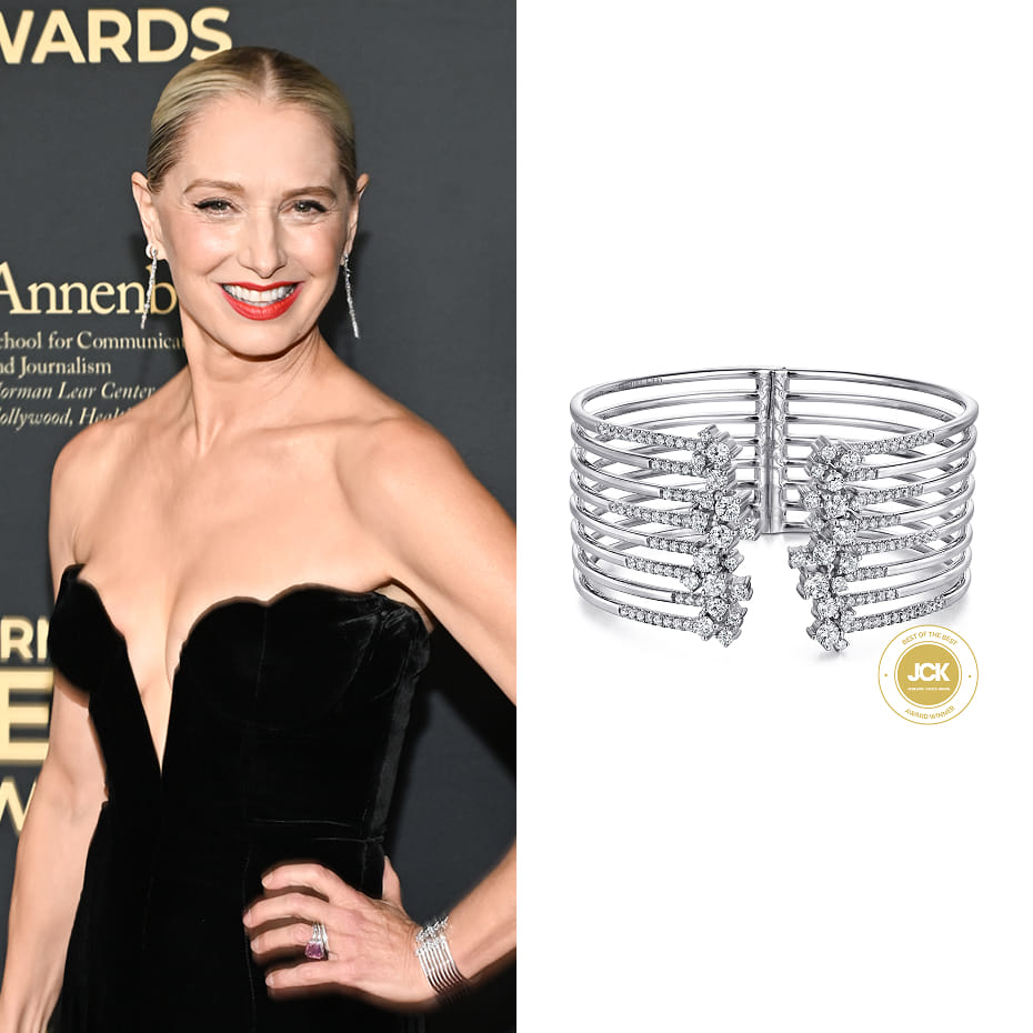 Actress Katherine LaNasa attended the 2025 Norman Lear Awards in Los Angeles wearing a Split 18K White Gold Multi Row Diamond Bangle.