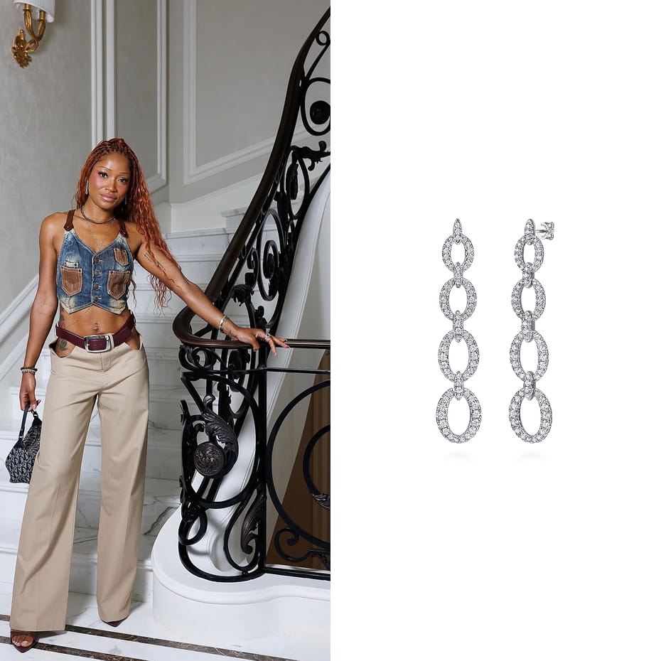 Keke Palmer attended Spotify’s Q&A in Cannes, wearing Gabriel & Co. graduating diamond link stud drop earrings in white gold.
