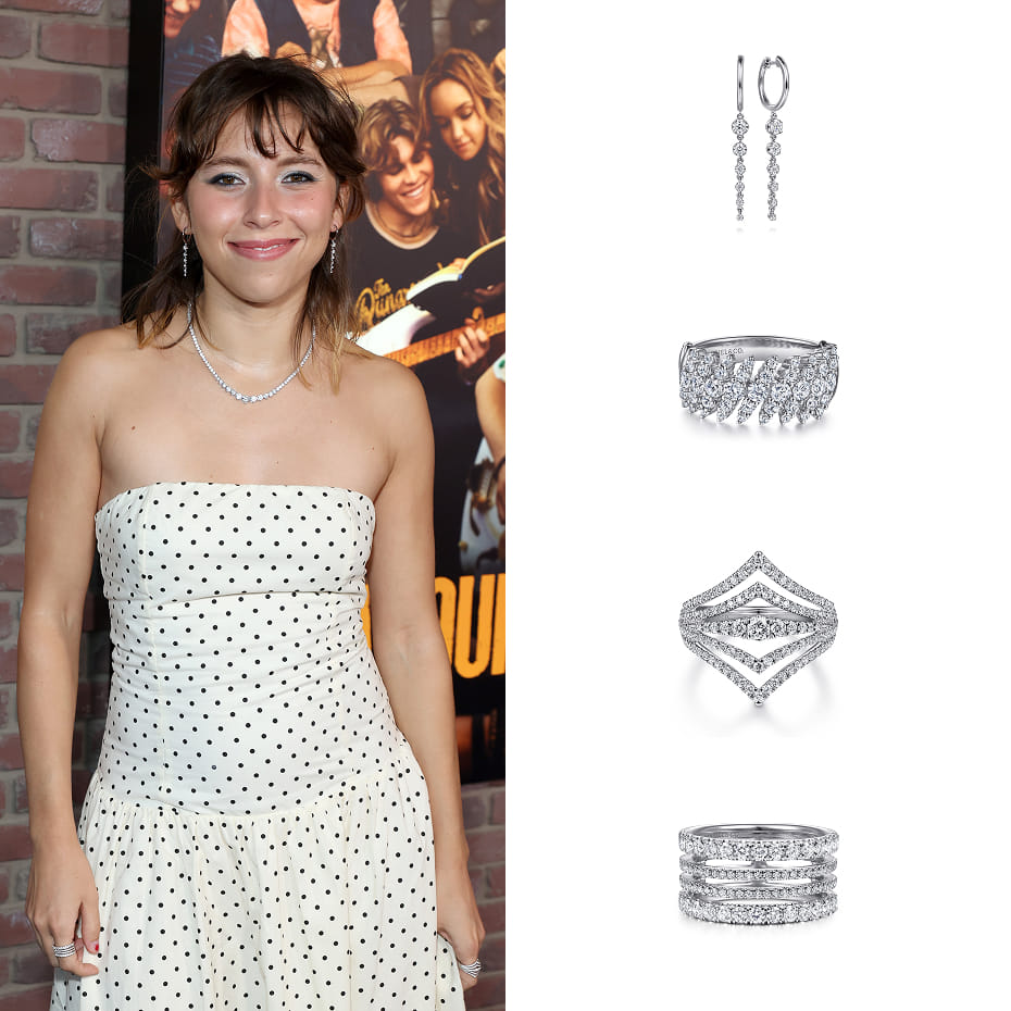 Actress Kelley Pereira attended The Runarounds Los Angeles Premiere at the Directors Guild of America wearing Gabriel & Co. diamond earrings and rings in 14K White Gold.