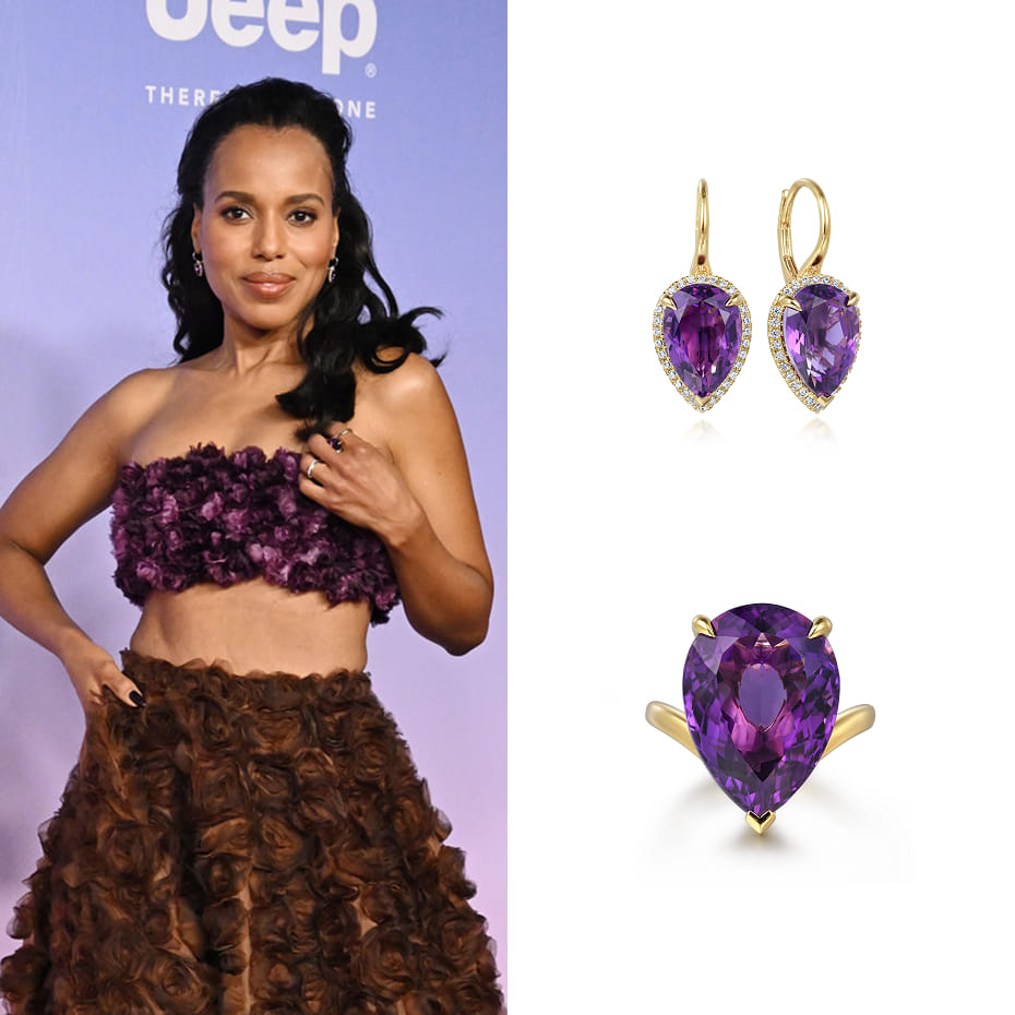 Actress, Kerry Washington, wearing Gabriel & Co. earrings and ring to the 56th NAACP Image Awards
