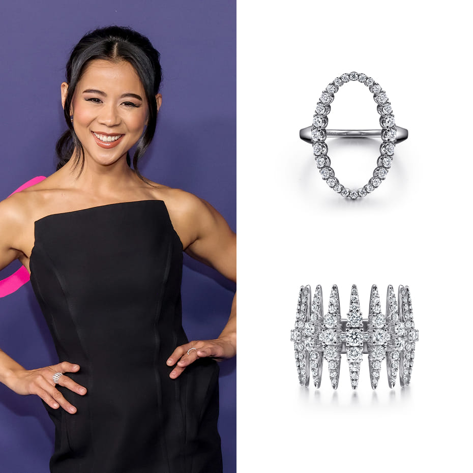Actress Leah Lewis attended CBS Fest wearing Gabriel & Co. rings.