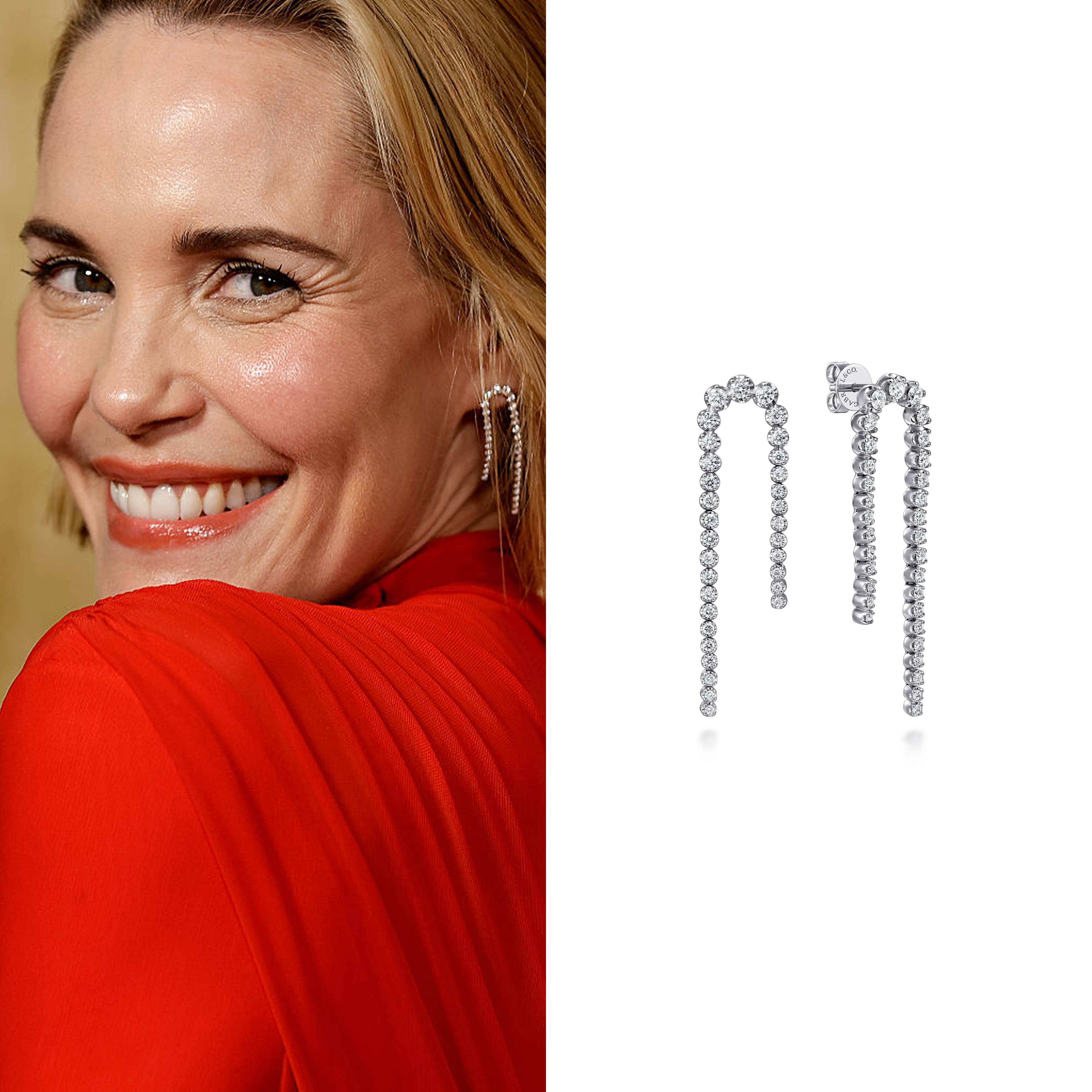 Actress, Leslie Bibb, wearing Gabriel & Co. earrings to the premier of 