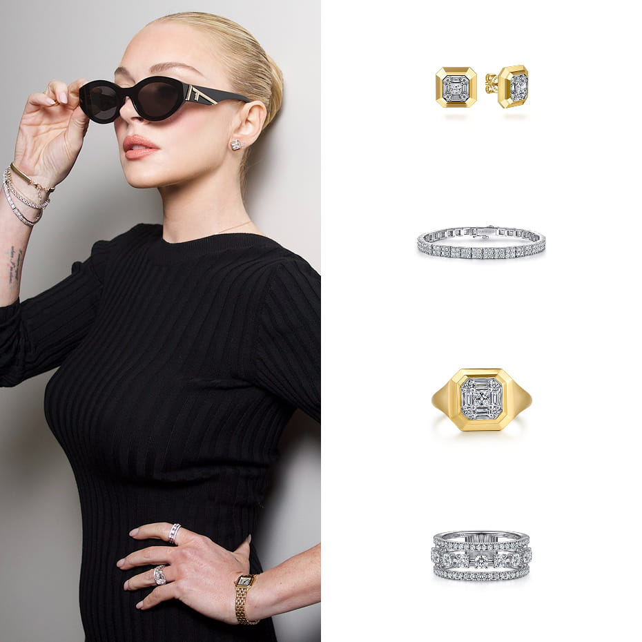 Actress Lindsay Lohan attended the Moda Operandi x Fendi Spy Bag Event in New York City wearing Gabriel & Co. diamond earrings, bracelets, and rings in 14K White and Yellow Gold.
