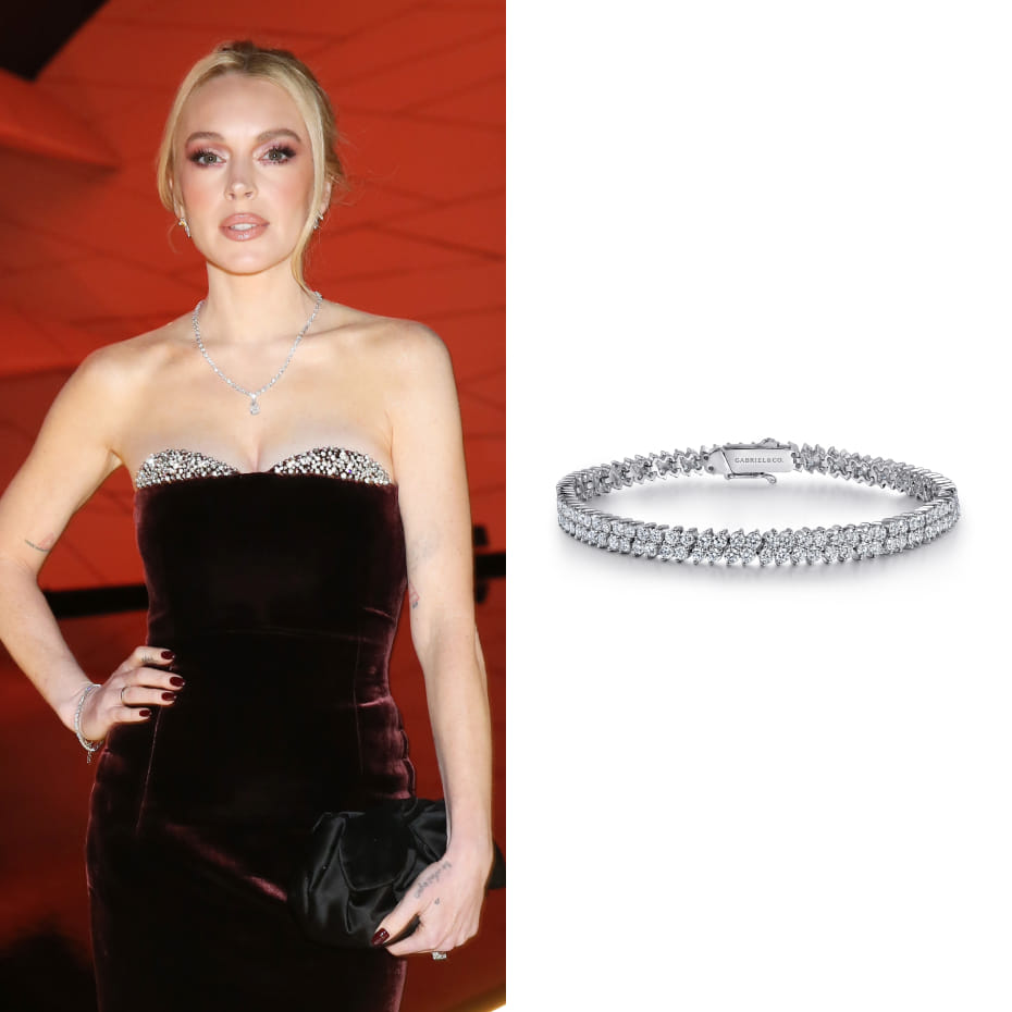 Lindsay Lohan attended the Fashion Trust Arabia 2025 Awards Ceremony in Doha, Qatar, wearing a Gabriel & Co. 14K White Gold Diamond Tennis Bracelet.