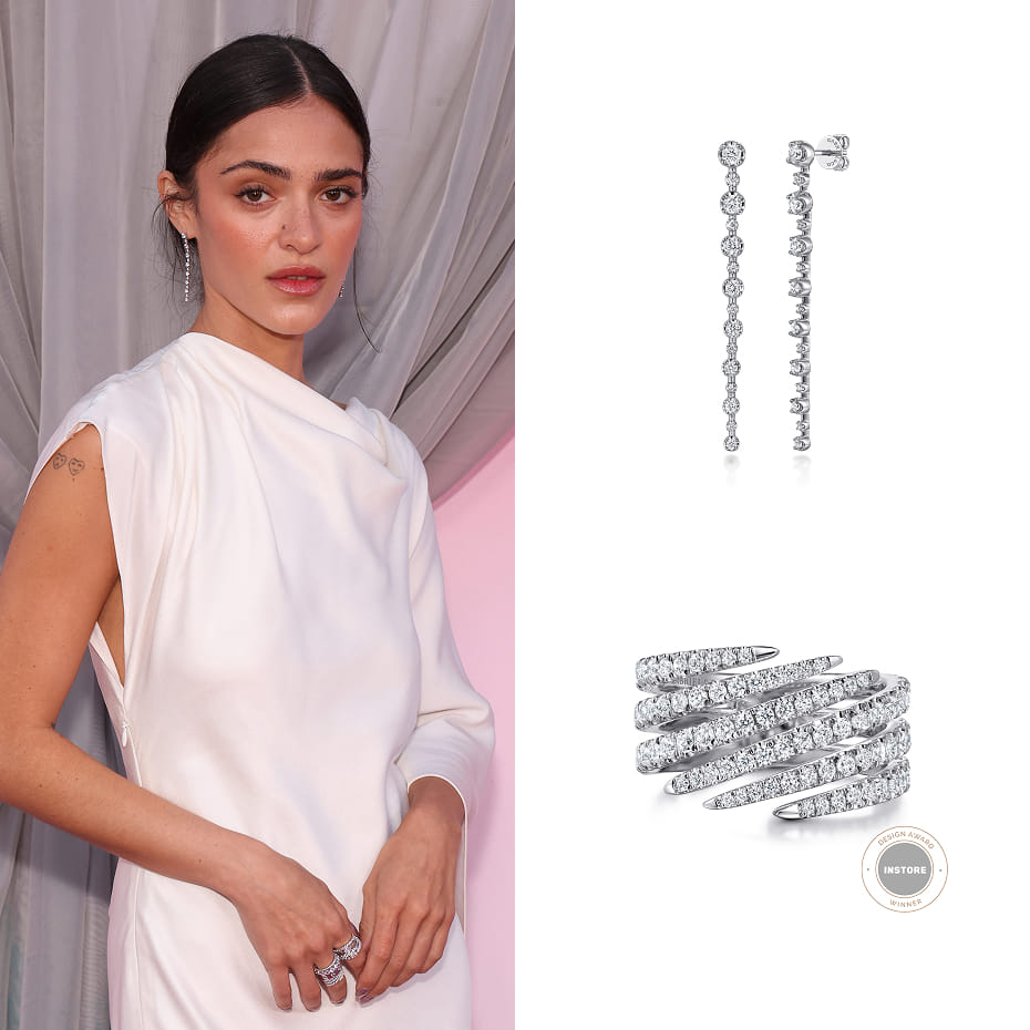 Luna Blaise attended the Fashion Trust U.S. Awards 2026 with Jonathan Simkhai, wearing Gabriel & Co. diamond earrings and a bypass ring in 14K White Gold.