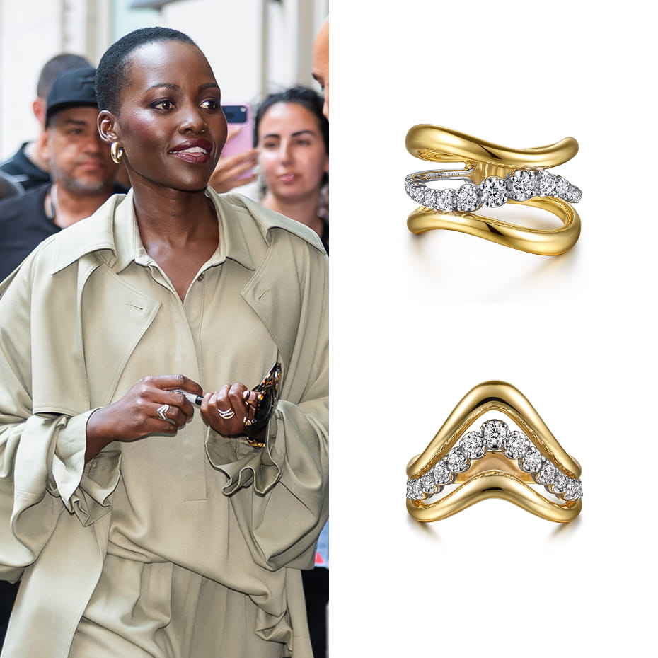 Lupita Nyong’o had a press day in New York City for The Odyssey, wearing Gabriel & Co. Soraya statement rings in mixed gold.