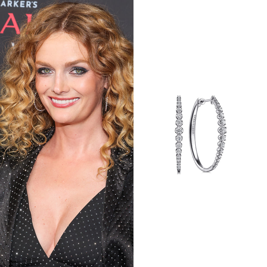 Actress Lydia Hearst attended the world premiere of Affection wearing Gabriel & Co. diamond hoop earrings in 14K White Gold.