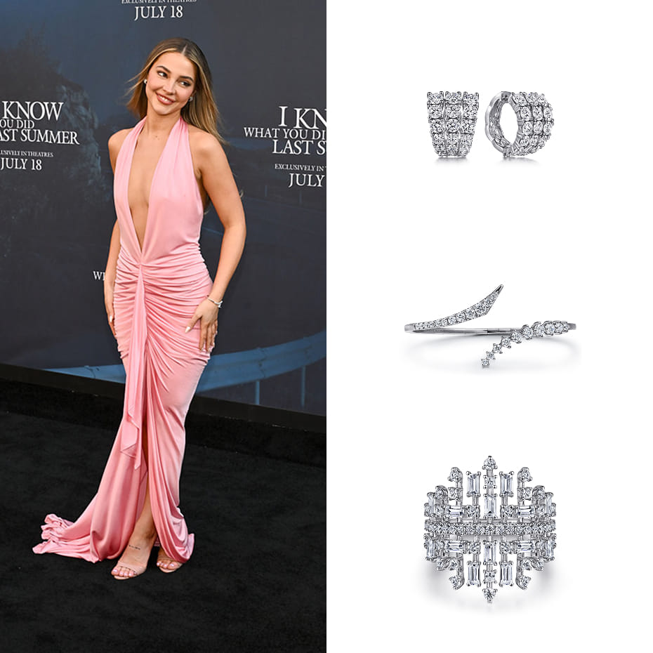 Actress Madelyn Cline attended the Los Angeles premiere of I Know What You Did Last Summer wearing Gabriel & Co. 18K White Gold 15mm Diamond Huggies, a 14K White Gold Graduating Diamond Bypass Bangle Bracelet, and a Wide 14K White Gold Baguette and Round 