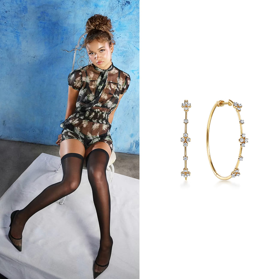 Madison Bailey was featured on the cover of PAPER Magazine for the cover story, “PAPER Made This Cover a Family Affair,” wearing Gabriel & Co. diamond classic hoop earrings in yellow gold.