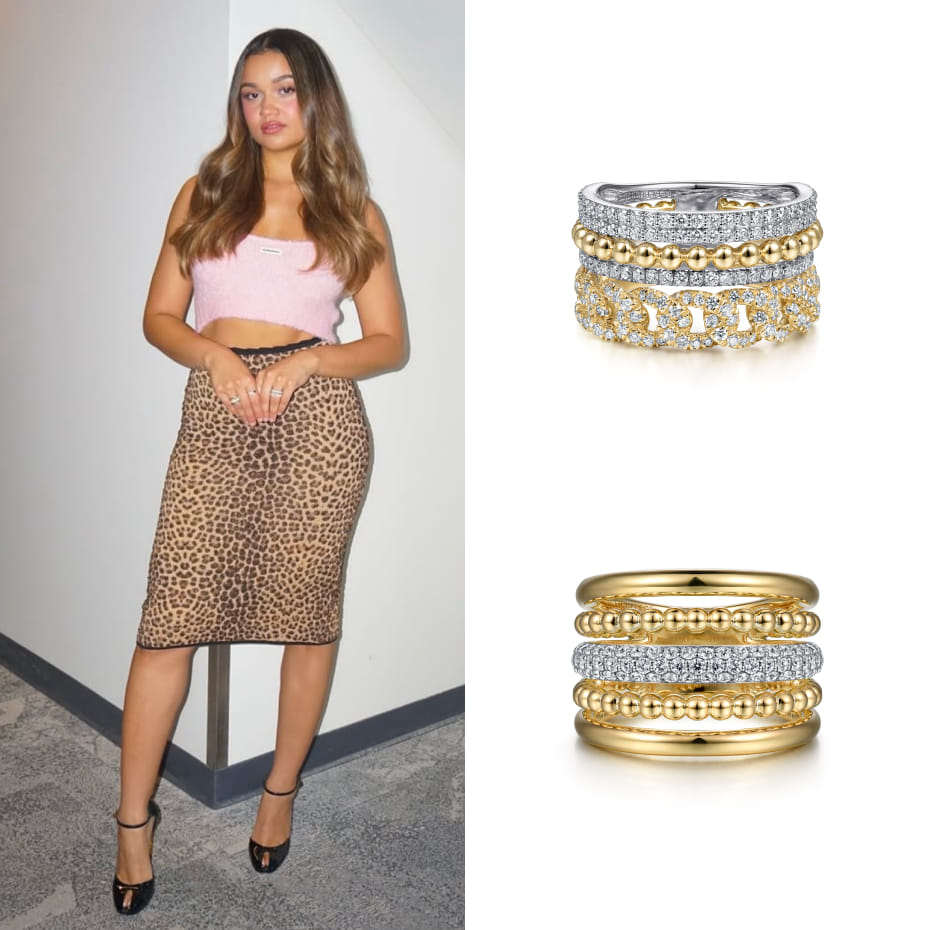 Actress Madison Bailey had a press day for Maintenance Required wearing Gabriel & Co. Bujukan diamond stackable rings in 14K White-Yellow and Yellow Gold.