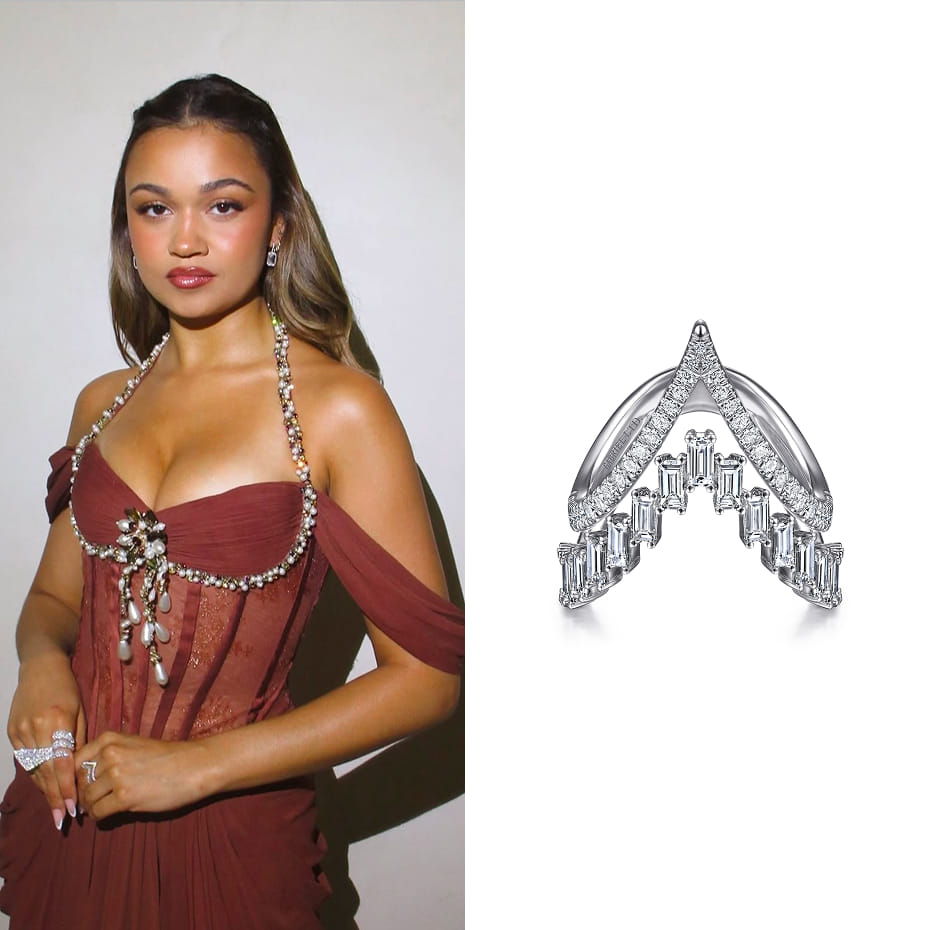 Madison Bailey attended the Fashion Trust U.S. Awards 2026, wearing a Gabriel & Co. diamond chevron statement ring in 18K White Gold.