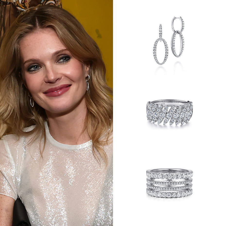 Actress, Meghann Fahy attended Netflix's 2025 Emmy's Toast wearing Gabriel & Co. diamond earrings and rings in 14K and 18K White Gold.