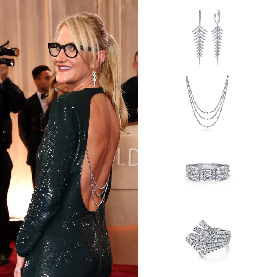 Mel Robbins attended the 83rd Annual Golden Globe Awards wearing Gabriel & Co. diamond jewelry in white gold, including huggies, a diamond necklace worn down the back, and diamond rings.