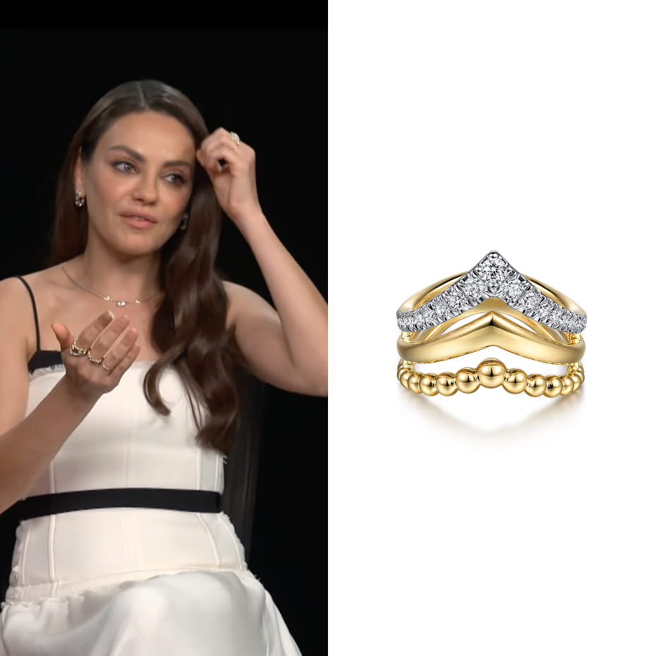 Mila Kunis had a press day to promote Wake Up Dead Man: A Knives Out Mystery, wearing a Gabriel & Co. 14K Yellow Gold Triple Row Bujukan Chevron Diamond Ring.