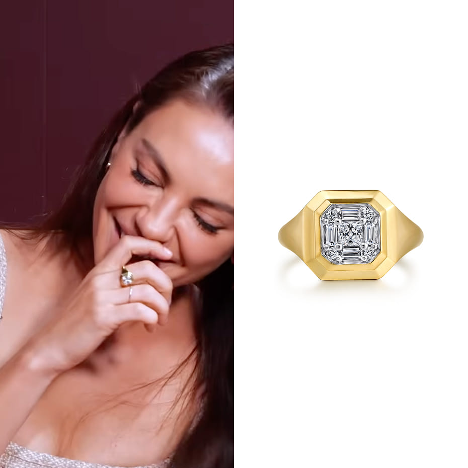 Mila Kunis had a press day for Wake Up Dead Man: A Knives Out Mystery, wearing a Gabriel & Co. diamond signet ring in 14K yellow gold.