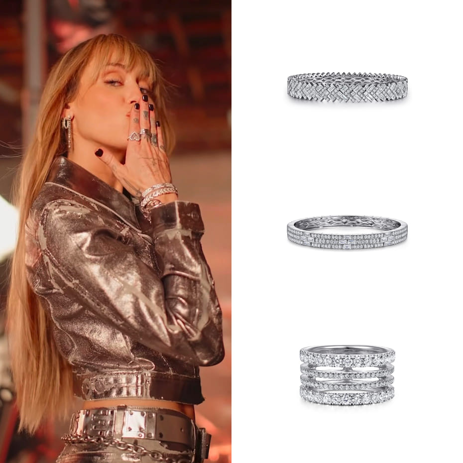 Miley Cyrus wore Gabriel & Co. diamond bangles and a four-row diamond ring in 14K White Gold for a new promo celebrating the Hannah Montana 20th Anniversary Special.