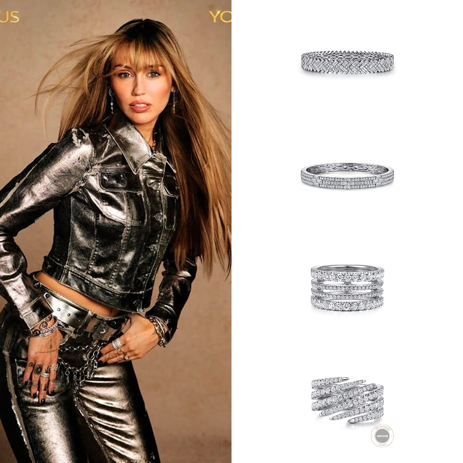 Miley Cyrus wore Gabriel & Co. diamond bangles and rings in 14K White Gold on the cover of her new single, Younger You.