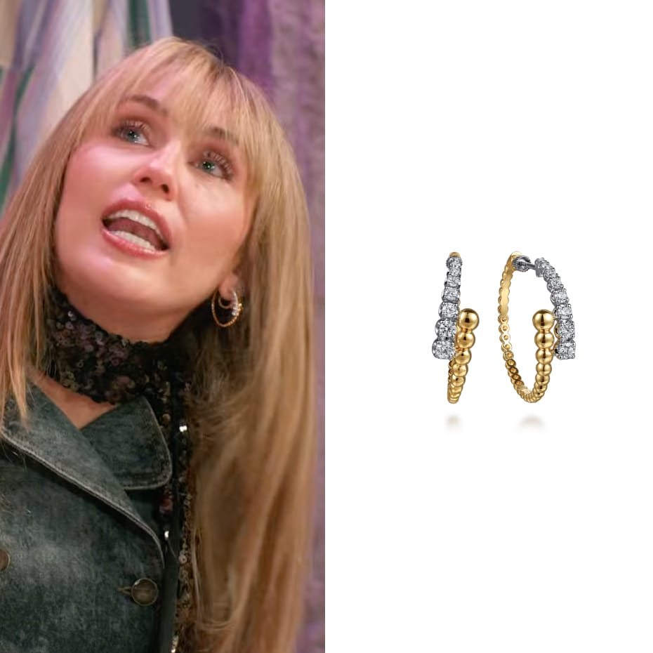 Miley Cyrus wore Gabriel & Co. Bujukan and diamond bypass hoop earrings in 14K White and Yellow Gold for the Hannah Montana 20th Anniversary Special.