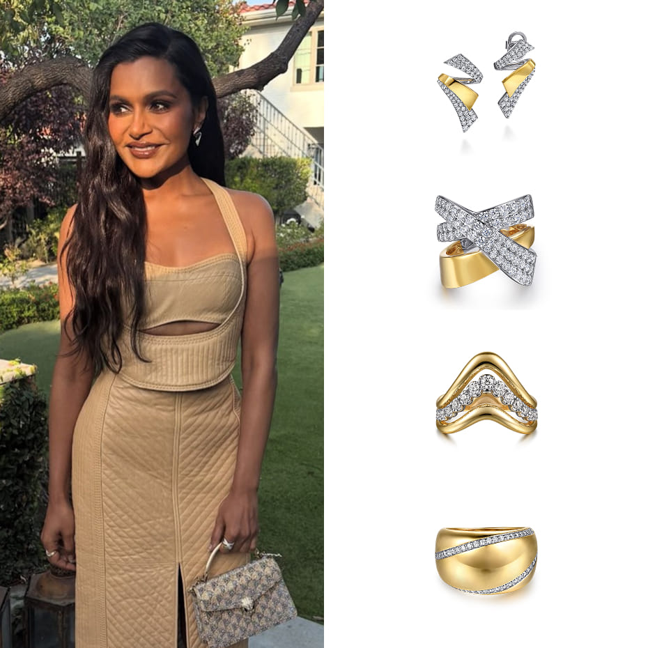 Actress Mindy Kaling attended Vogue World: Hollywood 2025 wearing Gabriel & Co. multi-row diamond earrings and rings in 14K white and yellow gold.